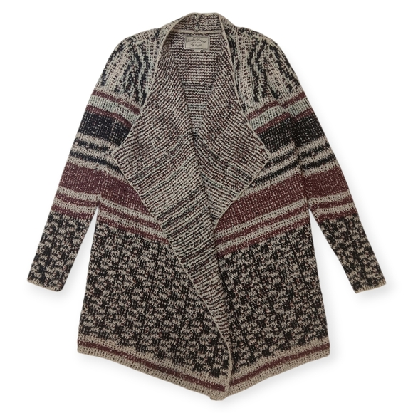 Lucky Brand Sweaters - Lucky Brand Marled Open Draped Cardigan in Burgundy, Black & Cream - S